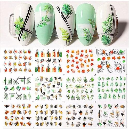 12Pcs Leaves Flower Nail Stickers Human Face Water Decals Stickers Summer DIY Slider Geometrics Decoration Nail Art