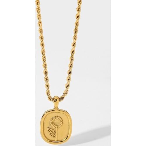 18K Gold Plating Stainless Steel Flower Stackable Necklace For Women Oval Coin Pendant Choker Jewelry