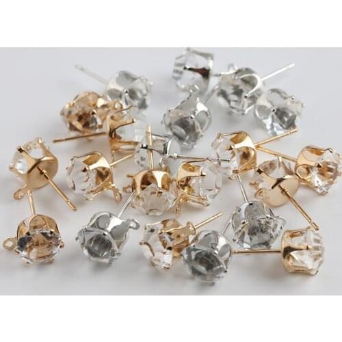 20pcs 6mm 8mm Gold Steel Color Stud Earring Zircon Crystal Settings With Hole Ear Stud For DIY Making Women Earrings Accessories