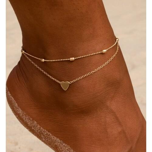 2021 Women Anklets Simple Heart Golden Barefoot Crochet Sandals Foot Jewelry Two Layer Foot Legs Bracelet Anklets