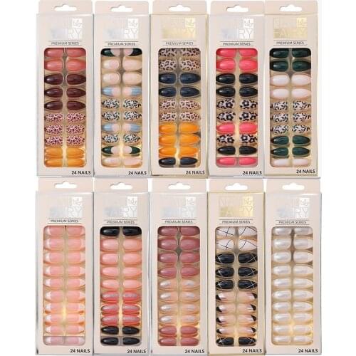 24Pcs Leopard Stiletto Pointed Tips Water Drop Design Marble False Nails Mixed Colorful Press on nails Wear Finished Fake Nails