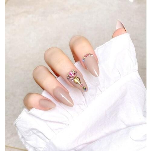 24pcs Nude Color Fake Nail Patch Glue Type Rhinestones Inlaid Removable Long Paragraph Fashion Manicure False Nail Patch Nail Ar