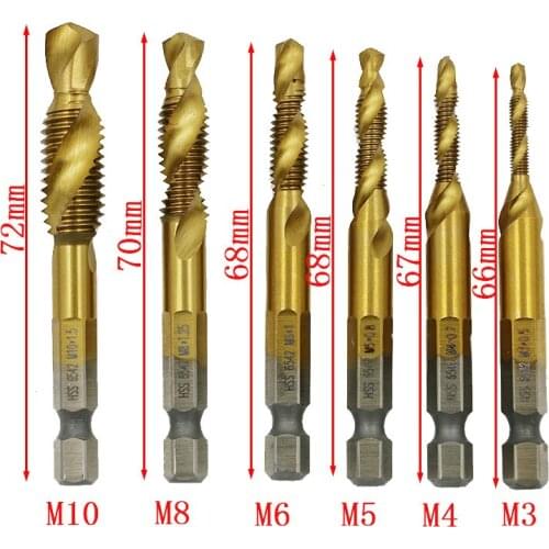 6pc Titanium 6542 Hex Shank Hand Tap HSS Screw Spiral Thread Metric Plug Drill Bit M3 M4 M5 M6 M8 M10 fit Metal Steel