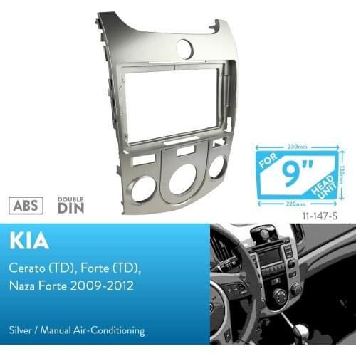 9 inch Car Fascia Radio Panel for KIA Cerato, Forte 2009-2012 (Manual A/C,Silver) Dash Kit Facia Bezel 9inch Plate Console Trim