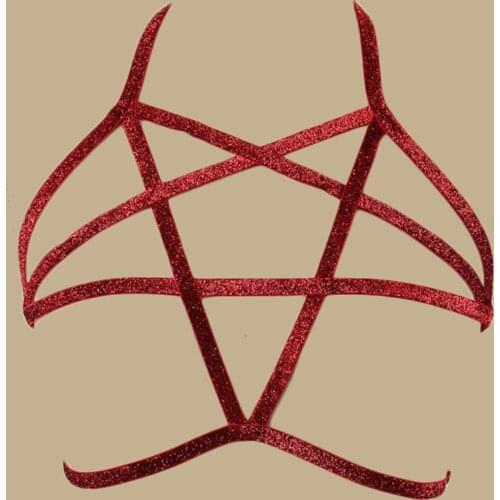 JLX.HARNESS Shining Red Pentagram Bondage Sexy Lingerie Pastel Goth Crop Top Body Belt Cage Bra Women Body Harness Bra