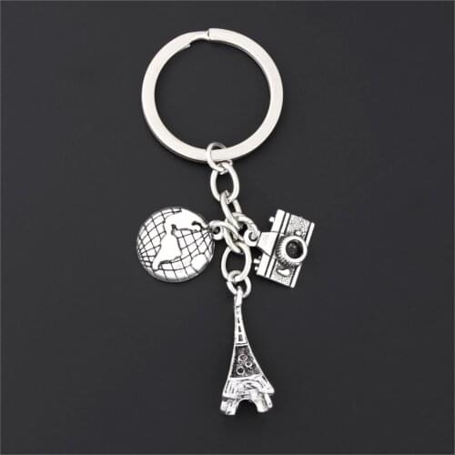 1Pc New Arrival Eiffel Tower And Camera Charms Keychain Handmade World Map Keyring Travel Theme Trinket Souvenir Jewelry E2682