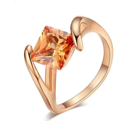 DANS ELEMENT Top Quality Square Orangle Crystal Rose Gold Color Fashion Ring Austrian Crystals Full Sizes Wholesale DER419
