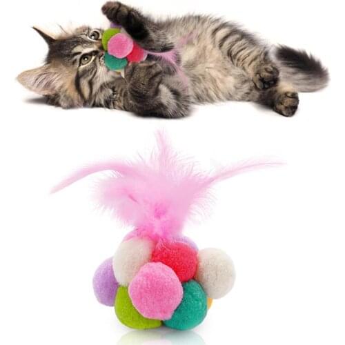 Cat Toys Multicolor Plush Ball Faux Feather Bell Chew Toy for Cat Kitten Playing Interactive Pet Cat Products Supplies