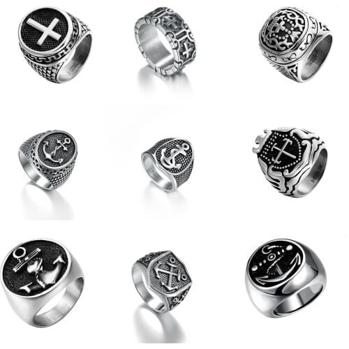 Stainless Steel Iron Knights Templar Cross Boat Anchor Wedding Ring Hiphop/Rock Party Vintage Finger Rings