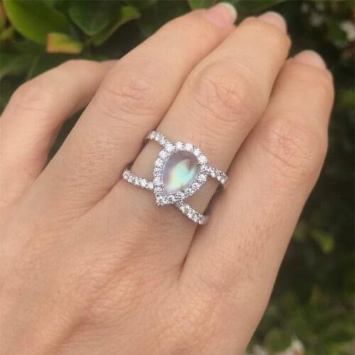 2021 Trendy Water Drop Moon Stone Rings For Women Fashion Silver Color Female Jewelry Party Valentines Day Birthstone Gifts