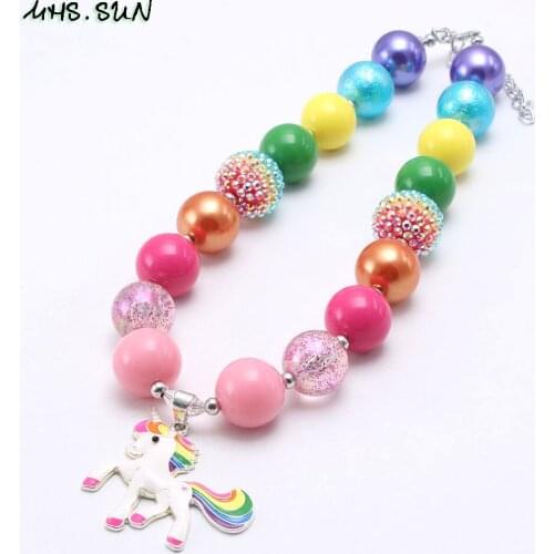 MHS.SUN Summer Rainbow Color Chunky Beads Necklace Wit Cute Unicorn Pendant For Child/Kids/Girls Chunky Beaded Necklace Gift 1PC