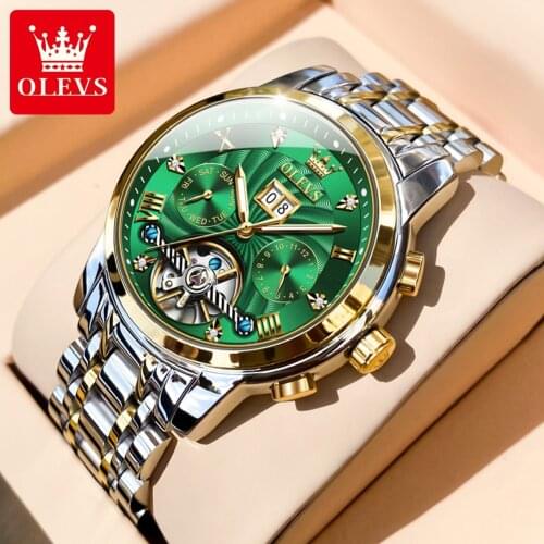 OLEVS Automatic Watch Men Stianless Steel Sports Luminous Waterproof Date Luxury Tourbillon Mechanical Wristwatch Montre Homme