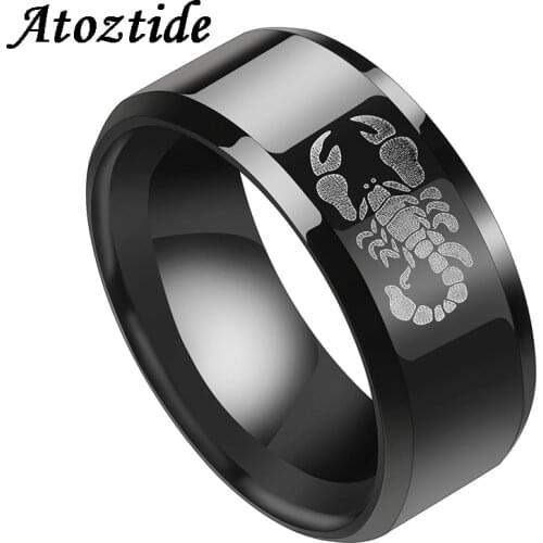 Atoztide 8mm Punk Stainless Steel Engrave Scorpion Male Ring Polished Rock Black Smooth Rings Titanium Wedding Band