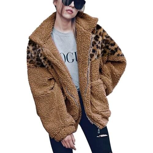 New Autumn Winter Faux Fur Coat Women Leopard Print Patchwork Teddy Fleece Jacket Thick Warm Soft Fluffy Jacket Outerwear Casaco