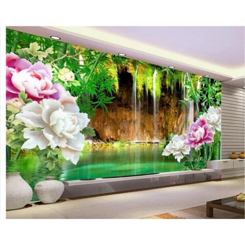 Beibehang Jade Water Curtain Waterfall Bamboo Peony TV Wall Decorative Painting papel de parede wallpaper for walls 3 d behang