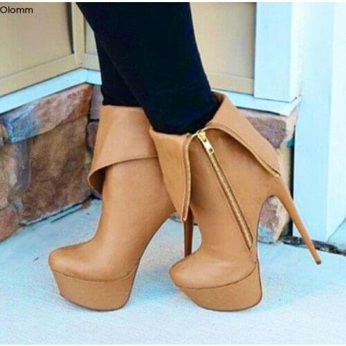 Olomm New Fashion Women Ankle Boots Sexy Stiletto High Heel Boots Round Toe Gorgeous Apricot Party Shoes Women Plus US Size 5-15
