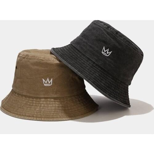 Fashion Crown Embroidery Bucket Hats For Women Solid Color Washed Denim Fisherman Hat Hip Hop Bob Cap Panama Bucket Caps For Men