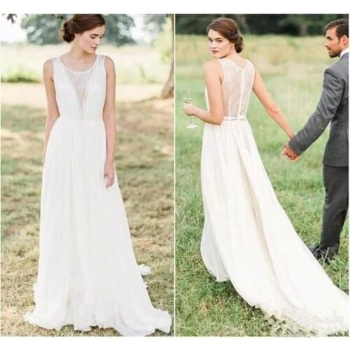 Simple A Line Beach Wedding Dresses Sheer Neck Sleeveless Chiffon Lace Floor Length Country Bridal Gowns Vestidos de Novia
