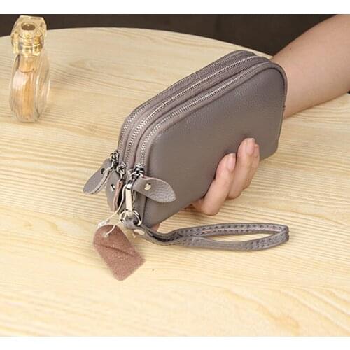 Retro Leisure Genuine Leather Three-layer Ladies Clutch Bag Long Wallet Multifunctional Lychee Large Capacity Mobile Phone Bag