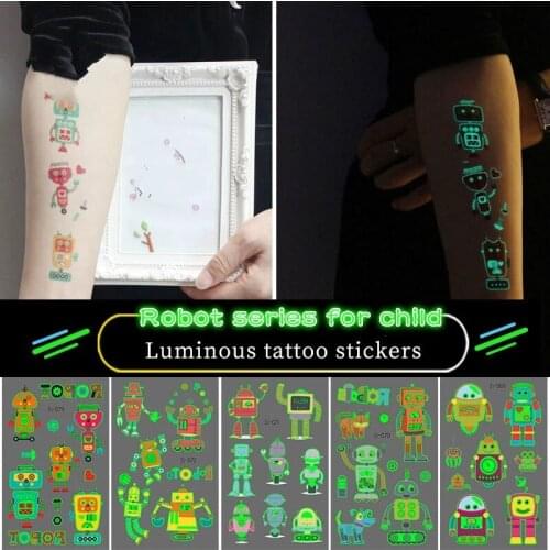 Robot Tattoo for Children Glowing Dark Taty Waterproof Fake Tatoo Luminous Tattoo Stickers Body Art Cartoon Tatto Stickers