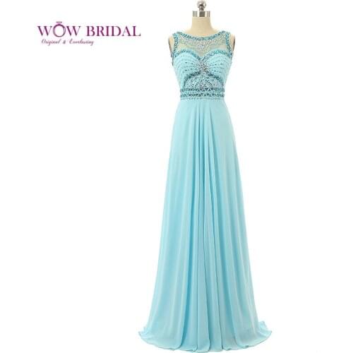 Wowbridal Graceful Sky Blue Prom Dress 2021 Boat Neck Crystal Beaded Open Back Chiffon A-Line Ruffles Sweep Train Party Dress