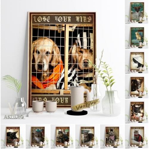 Funny Cute Puppy Personification Retro Poster Spoof Humor Animal Illustration Vintage Wall Picture Cat Lovers Gift Home Decor