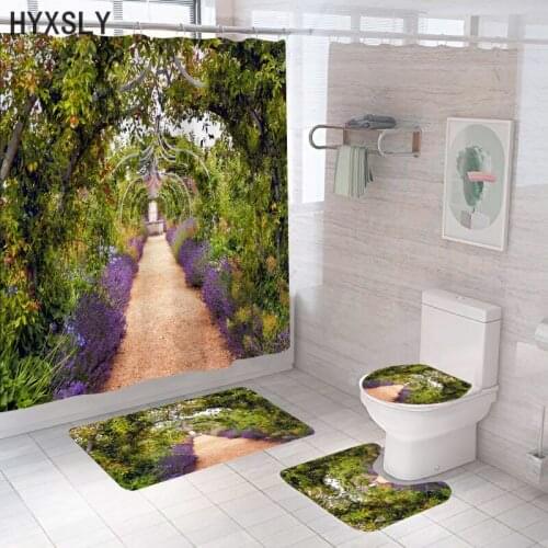 Natural Lavender Flower Park Printed Shower Curtain With Floor Mat Carpet Set Home Textile Decoration Waterproof Drop Shipping