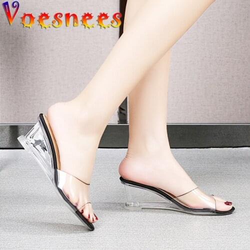 Voesnees Sexy Transparent Women Slippers 6CM Crystal Heel Wedges Sandals 2021 Summer New Daily Home And Office High Heeled Shoes