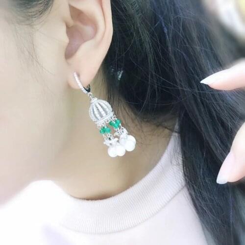 Real natural fresh water pearl dangle earring 925 sterling silver with green agate fine women jewelry free shipping