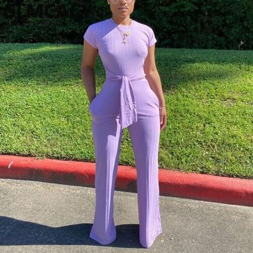 Women O-neck Short Sleeve Wide Leg Bodycon Jumpsuit Belt Solid Chic Casual Overall