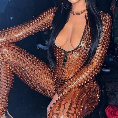 Hollow Out Jumpsuit Women Sheer See Through Body Skinny Holes Bodysuits Long Sleeve Zip Up Turtleneck Night Clubwear