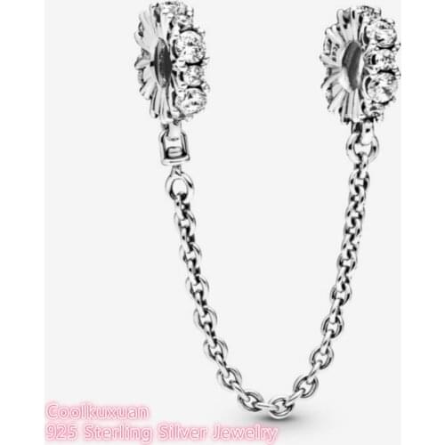 Winter 100% 925 Sterling Silver Clear Sparkling Safety Chain Charm beads Fits Original Pandora bracelets Jewelry Making