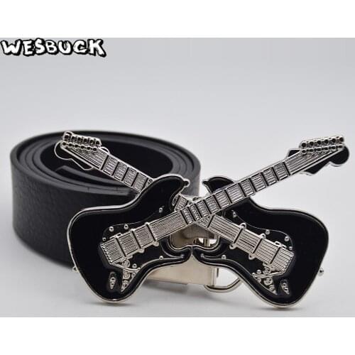 5 PCS MOQ WesBuck Brand Metal Belt Buckles Music Guitar shape Belt Buckle Man Women Western Buckles With PU Belt Holiday gifts