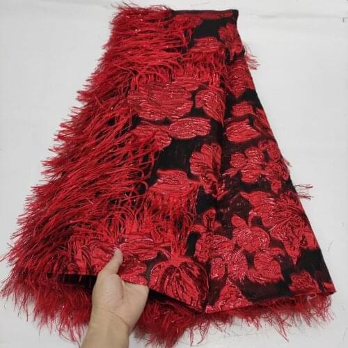 5yards/pc) Fashion African brocade net lace red black jacquard lace fabric with tassels for attractive party dress FHS119