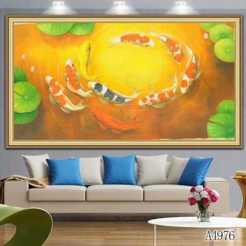 Print Chinese Abstract Nine Koi Fish Lotus Oil Painting on Canvas Poster Feng Shui Wall Art Picture For Living Room Home Decor