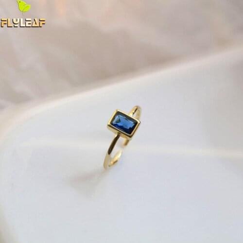 Real 925 Sterling Silver Rings For Women Deep Blue Zircon Square High Quality Fine Jewelry Femme Open Ring Gold Flyleaf