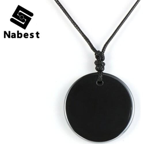Men Women Natural Black Hematite Round Tag Pendant Necklace Health Care Waxed Rope Adjustable Clavicle Chain Simple Jewelry