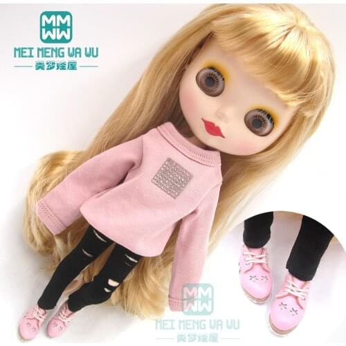 Blyth Doll Clothes Pink sweatshirt, hole pants, leather shoes for OB23 OB24 Azone doll accessories