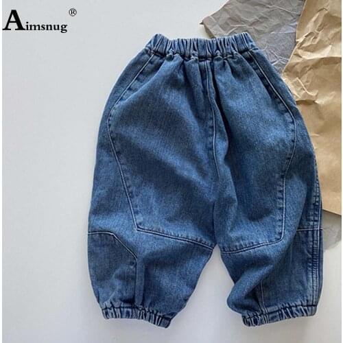 Aimsnug 2021 Autumn Kids Jeans Elastic Waist Demin Pants Streetwear Children Blue Demin Trouses Unisex Boys Girls Jeans Pantalon