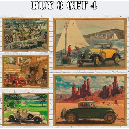 Vintage Old Car Oil Painting Tattoos Patterned Posters Kraft Paper Wall Sticker Barber Shop Home Decor
