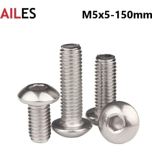 5mm Hexagon Socket Button Round Head Screws A2-70 304 Stainless Steel M5 X 5 6 10 50 60 90 95 100 120 140 150mm Allen Bolts