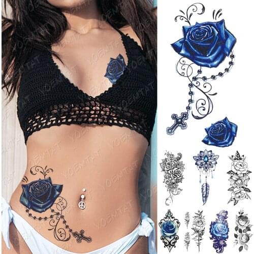 Waterproof Temporary Tattoo Sticker Blue Rose Peony Flowers Flash Tattoos Cross Rosary Body Art Arm Fake Sleeve Tatoo Women Men