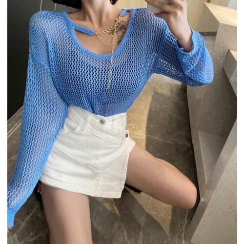 Hollow Out Sunscreen Knitting Shirt Spring Sexy Chain Loose Thin Pullover Sweater Runway Women Vintage Long Sleeve Knitwear Tops