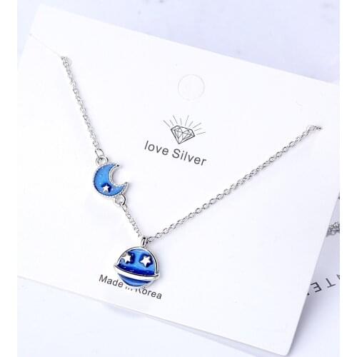 925 Sterling Silver Necklaces Drop Glaze Blue Sky Moon Star Necklace For Women Gift S-N09