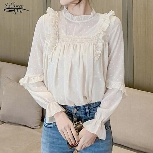 Lotus Leaf Sleeve Hollow Stitching Chiffon Blouses Long Sleeve Loose Elegant Blouses Woman Fall Ruffle O-neck Shirts Woman 16628