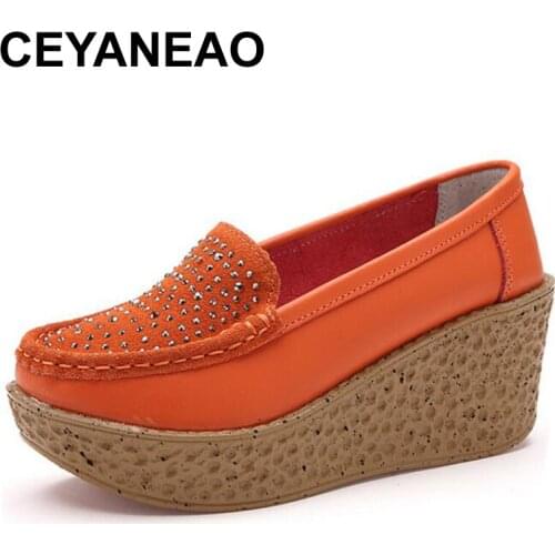 CEYANEAO New High Heel Lady Genuine Leather Casual Women Sneakers Leisure Platform Breathable Shoes Height Platform ShoesE002