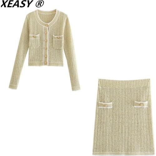 XEASY 2021 Women Two-Piece Set Vintage Thin Textured Single Breasted Short Coat Female High Waist Skinny Mini Skirt Elegant Set