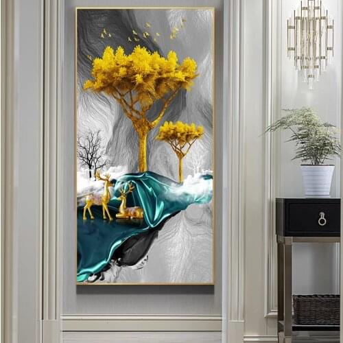 Animal Painting Lucky Deer Golden Tree Posters And Prints Canvas Paintings On The Wall Art Pictures Wall Decor Living Room Decor
