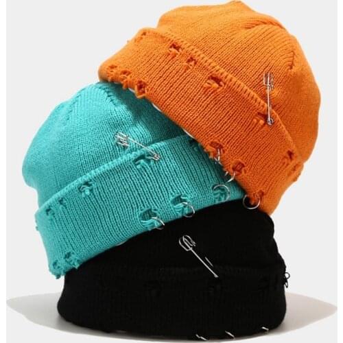 Winter Knit Beanie Hat with Pins O-Ring Distressed Hole Cuffed Melon Skull Cap X7YA