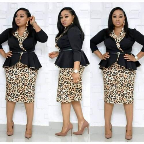 2019 new elegance african dress womens lapel ruffle top + leopard slim fit skirt african wear